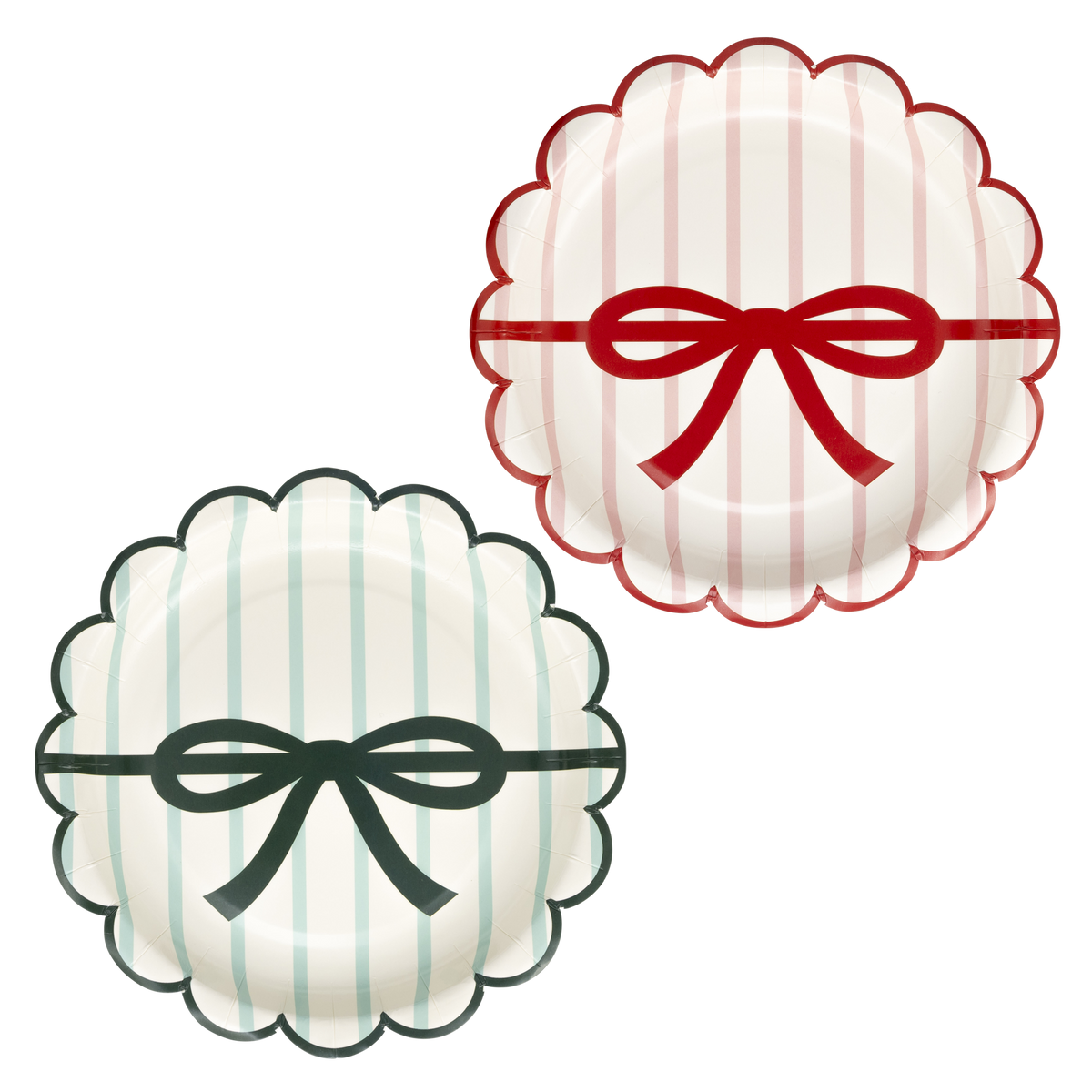 Juego de platos de rayas rojas, rosas y verdes con lazo y borde festoneado- pack 8 uds.