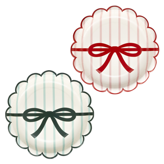 Juego de platos de rayas rojas, rosas y verdes con lazo y borde festoneado- pack 8 uds.
