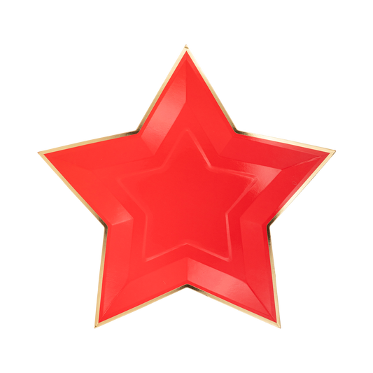 Plato con forma de estrella roja con borde dorado- pack 8 uds.