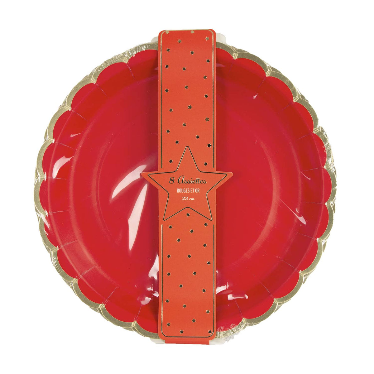 Platos rojos y oro festoneados- pack 8 uds.