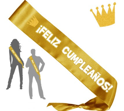 Banda de tela dorada con corona -Feliz Cumpleaños-