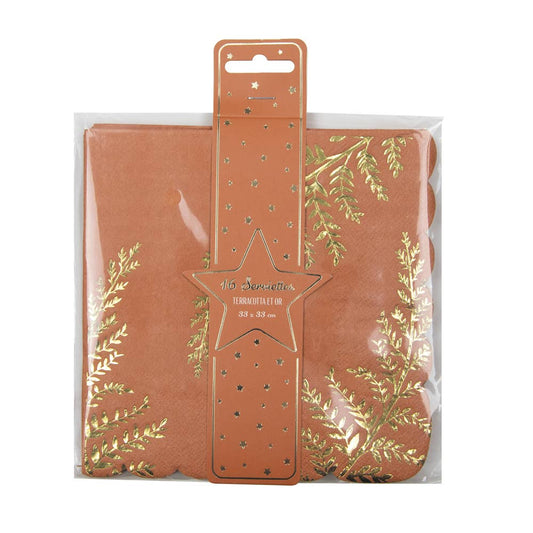 Servilletas terracota flores doradas- pack 16 uds.