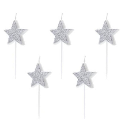 Velas estrella plata purpurina- pack 5 uds.