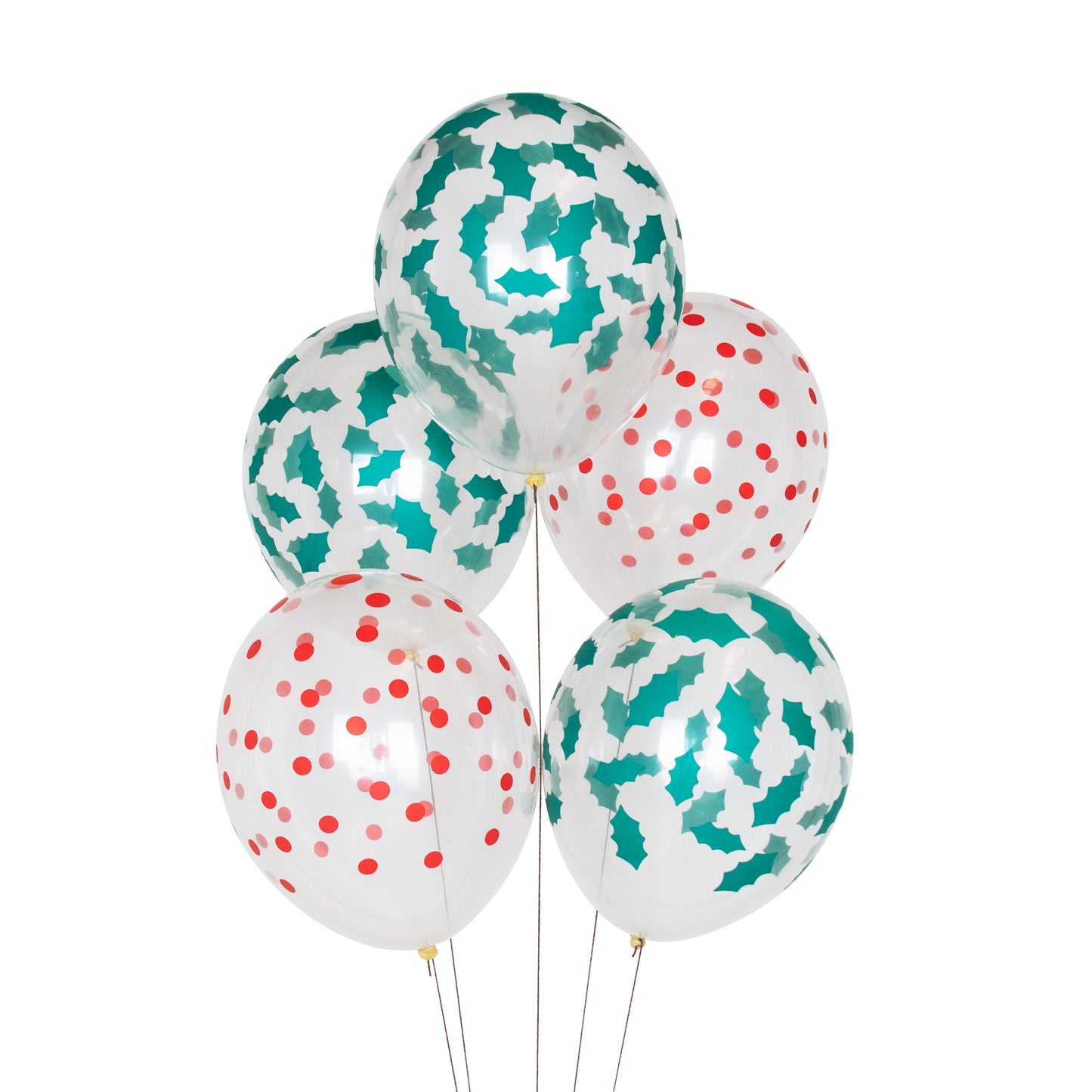 Globos de látex transparentes con lunares rojos y acebo- pack 5 uds.