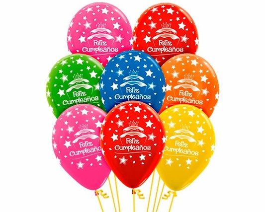 Globo de látex multicolor metalizados -Feliz cumpleaños- pack 12 uds.