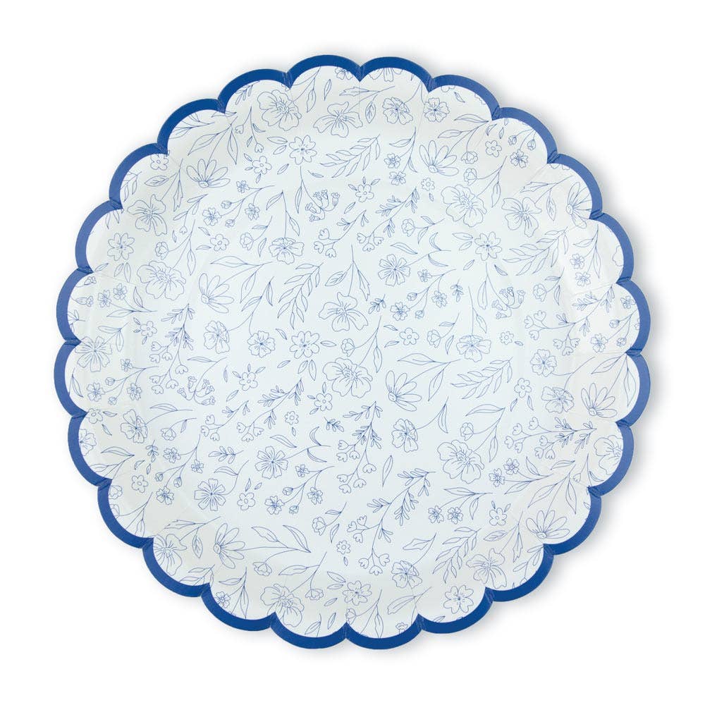 Platos festoneados con flores azules,- pack 8 uds.