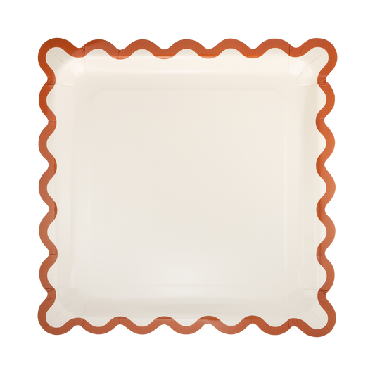 Plato cuadrado grande crema con borde ondulado naranja oscuro- pack 8 uds.