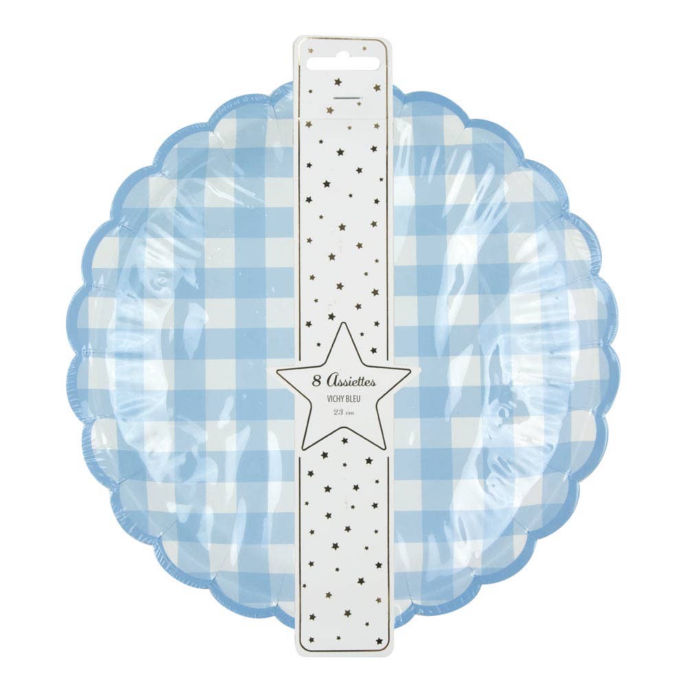 Platos vichy celeste festoneados- pack 8 uds.