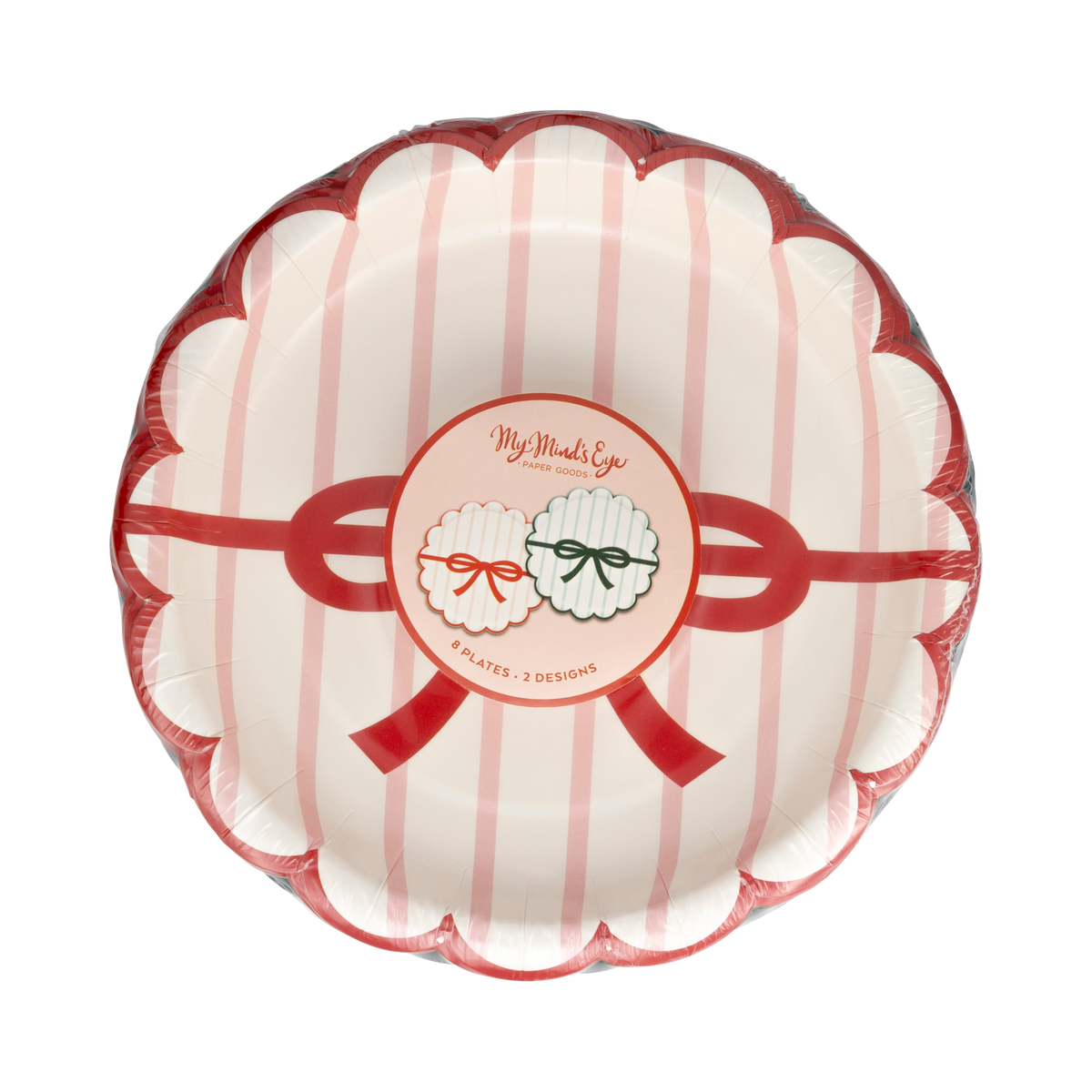 Juego de platos de rayas rojas, rosas y verdes con lazo y borde festoneado- pack 8 uds.