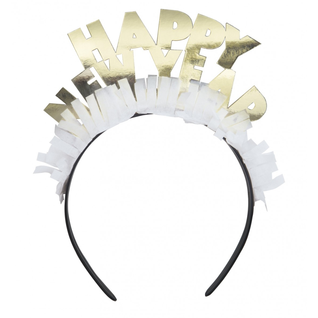 Diadema plástico texto Happy New Year de cartón- Pack 4 uds.
