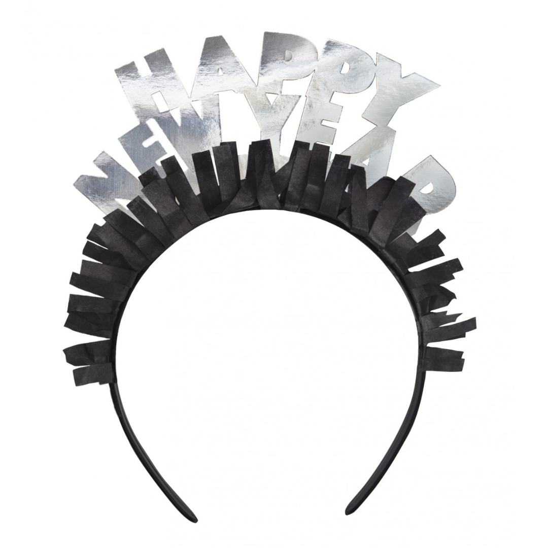 Diadema plástico texto Happy New Year de cartón- Pack 4 uds.