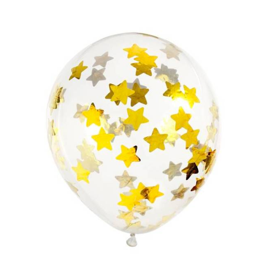 Globos de látex transparentes con estrellas doradas- pack 6 uds.