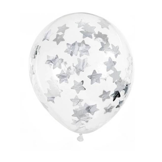 Globos de Látex Transparentes con Estrellas Plateadas – Pack 6 uds.