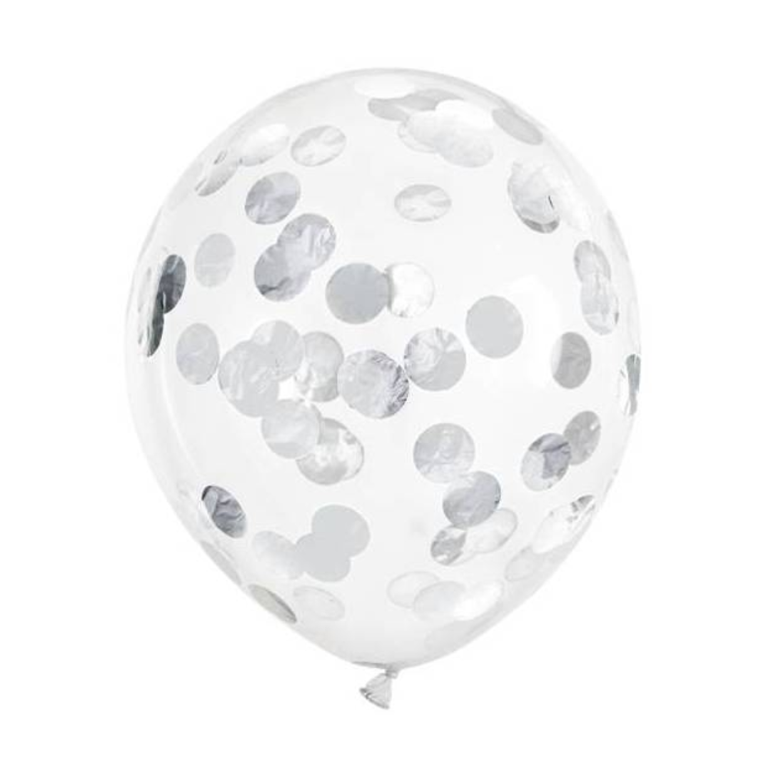 Globos de Látex Transparentes con Confeti Plateado – Pack 6 uds.