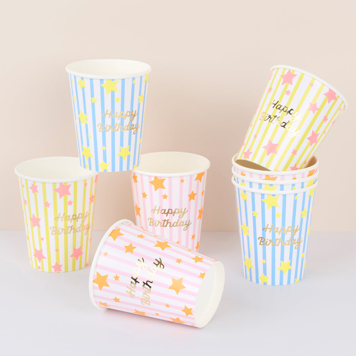 Vasos Happy Birthday rayas y estrellas- pack 8 uds.