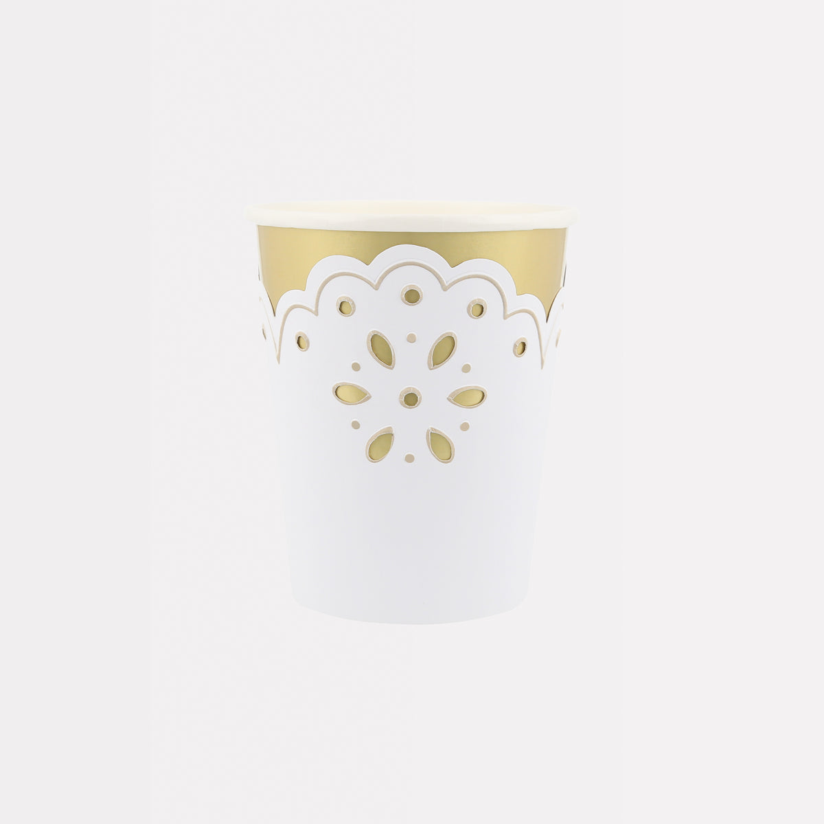 Vaso dorado con blonda blanca – Pack 8 uds.