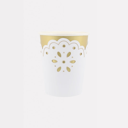 Vaso dorado con blonda blanca – Pack 8 uds.