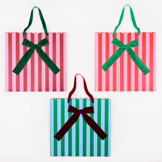 Bolsa de regalo grande de rayas con lazo terciopelo grande- pack 3 uds.
