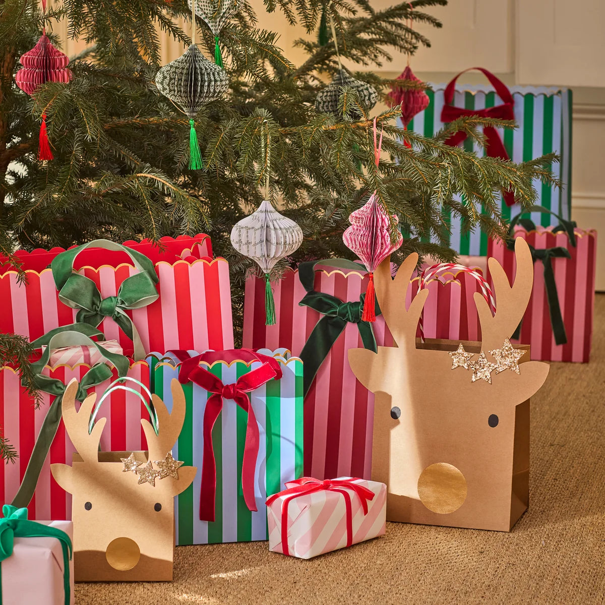 Bolsa de regalo mediana de rayas con lazo terciopelo grande- pack 3 uds.