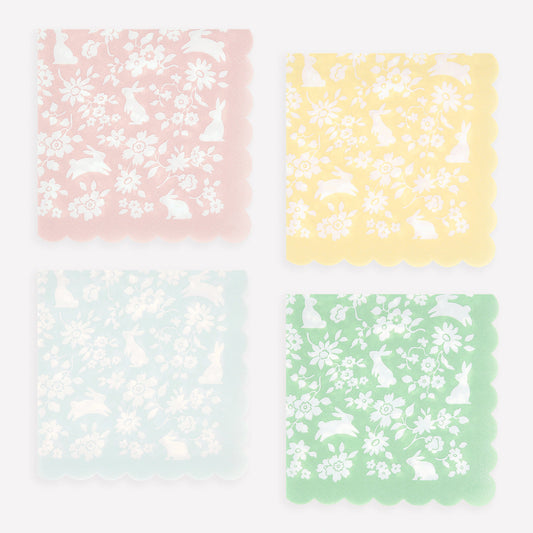 Servilletas flores y conejitos colores pastel- pack 16 uds.