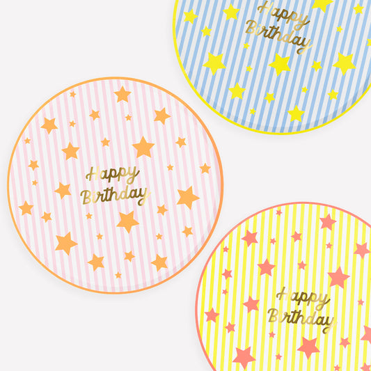 Platos Happy Birthday Rayas y Estrellas Grandes – Pack 8 uds