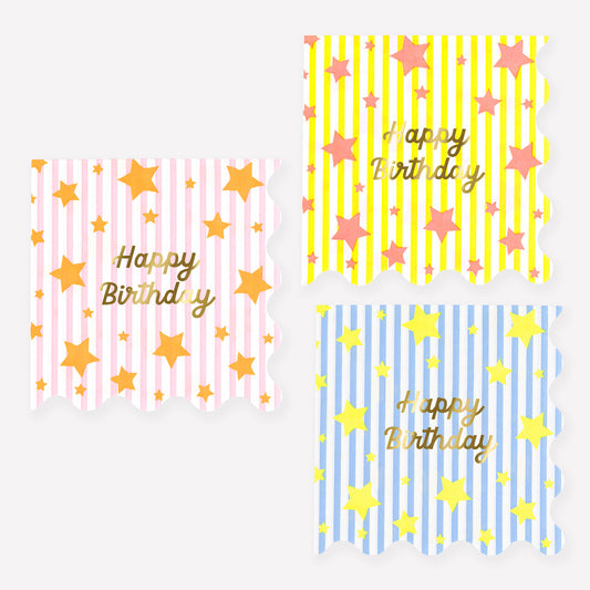 Servilletas Happy Birthday rayas y estrellas grandes - pack 16 uds.
