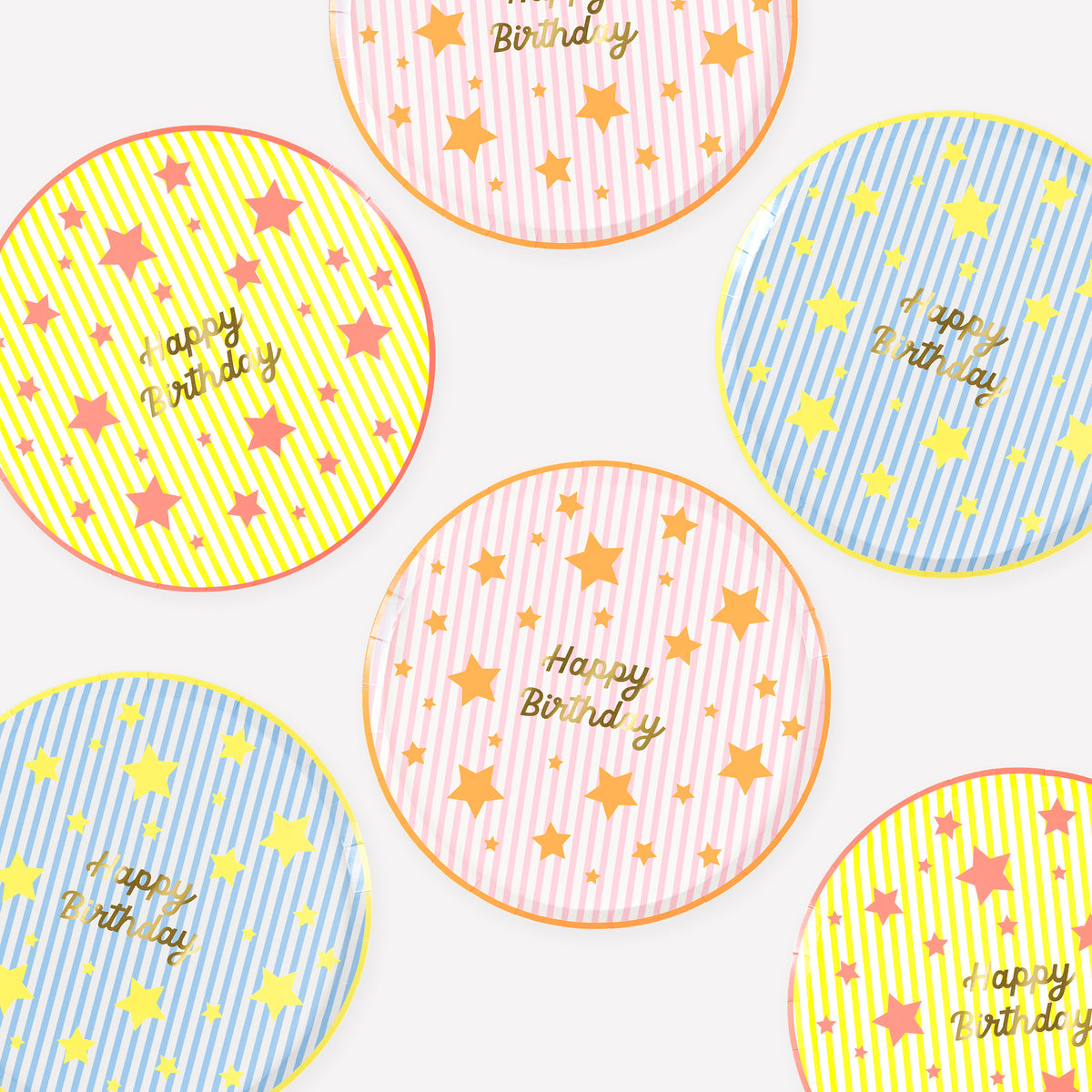 Platos Happy Birthday Rayas y Estrellas Pequeños – Pack 8 uds