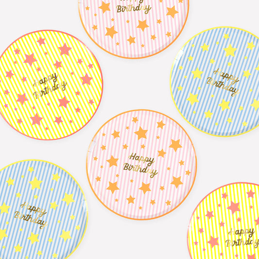 Platos Happy Birthday Rayas y Estrellas Pequeños – Pack 8 uds