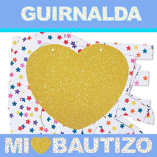 Guirnalda articulada Mi Bautizo con corazón oro,  niño