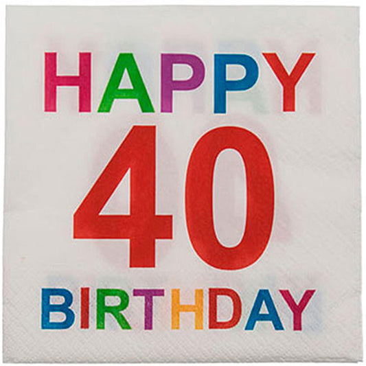 Servilletas 40 años multicolor 33 x 33 cm, Pack 20 u.