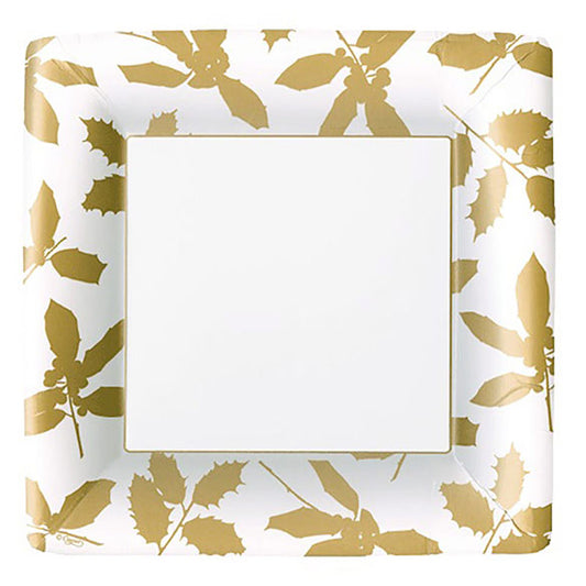 Platos Hojas Oro Navidad 26 cm cuadrados, Pack 8 u.