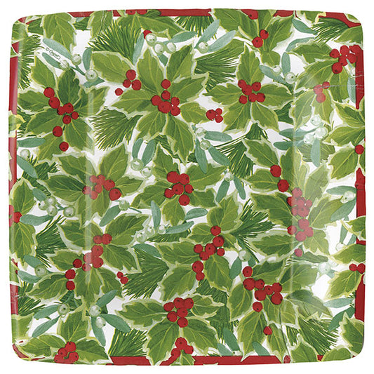 Platos Acebo Navidad 18 cm cuadrados, Pack 8 u.