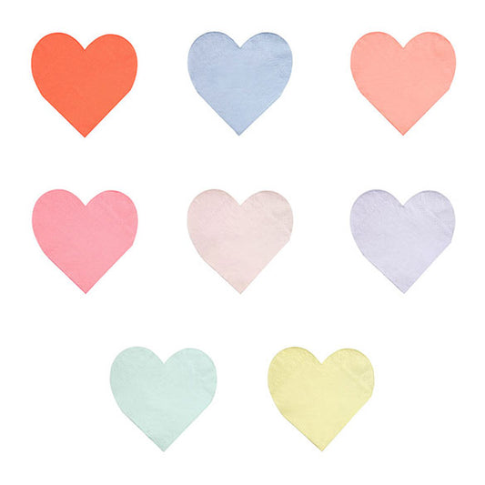 Servilletas forma de corazón de colores variados, de 13 x 13 cm. Pack 20 u.