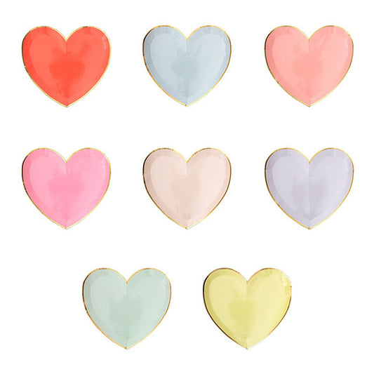 Platos forma de corazón colores pastel borde dorado 23 cm, Pack 8 u.
