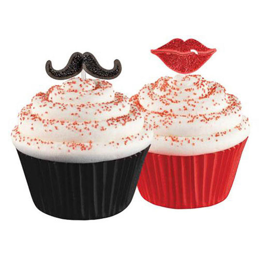 Pinchos decorativos labios y bigote Wilton, Set 12 u.