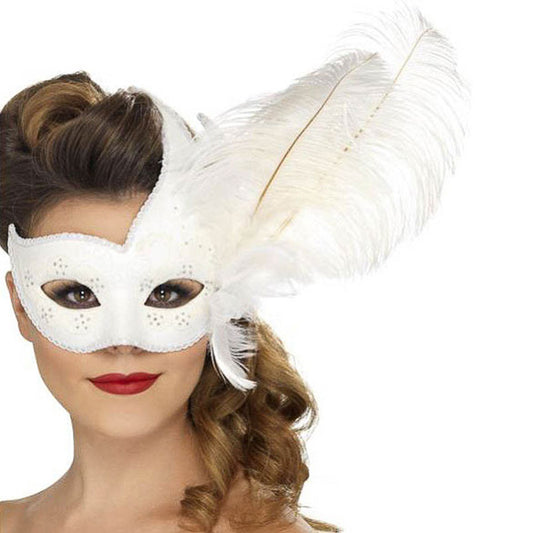 Antifaz veneciano blanco con plumas laterales