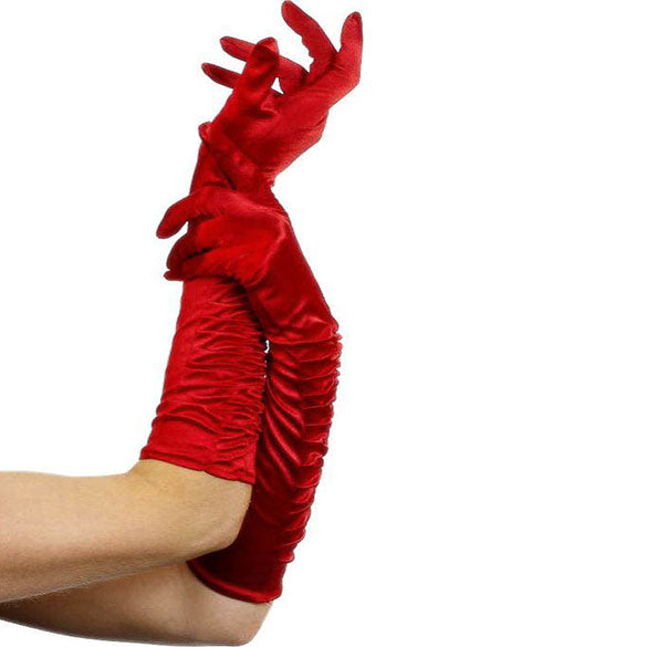 Guantes rojos de tela fruncida largos adulto