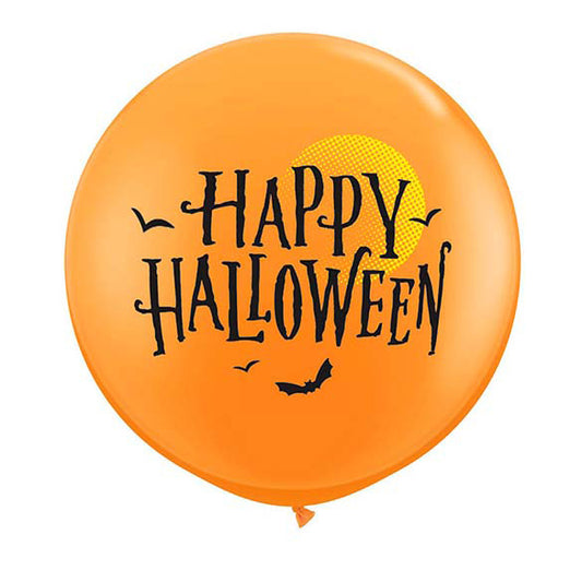 Globo de látex Happy Halloween naranja Luna y Murciélagos 100 cm. 1 unidad