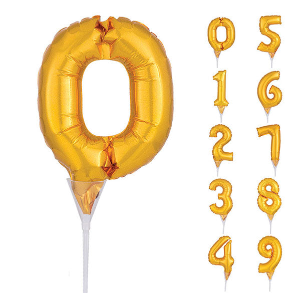 Globos micro con formas de números dorados, con copa y pincho. Para aire.