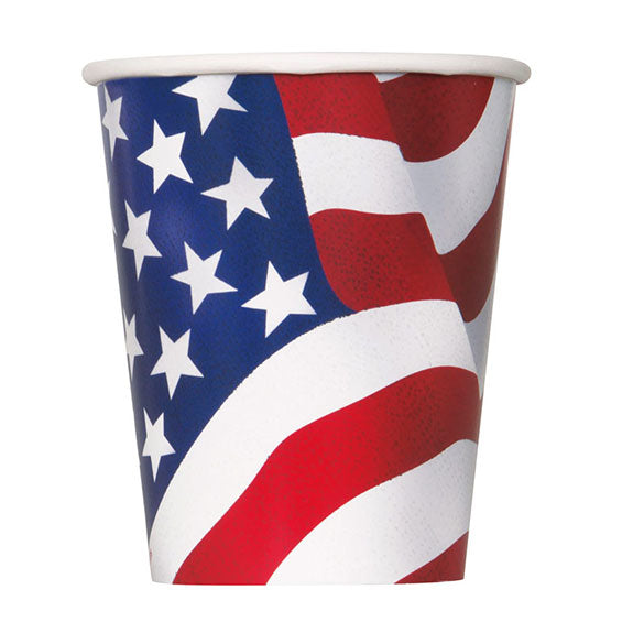 Vasos cartón encerado bandera USA, 266 ml, Pack 8 u.