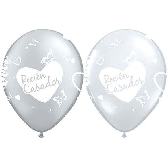 Globos de látex Recién Casados surtidos plata y transparentes, Pack 10 u.