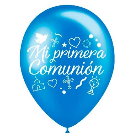 Globos de látex Primera Comunión azules, Pack 10 u.