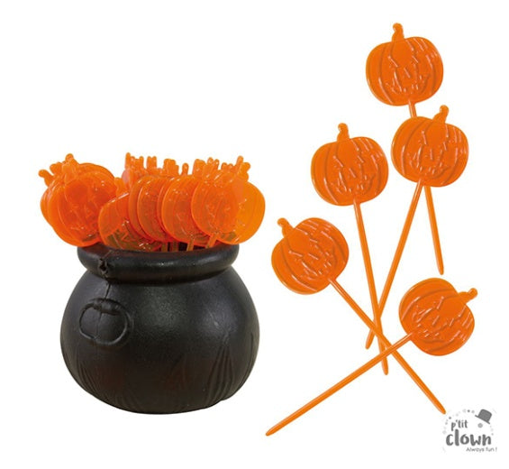 Pinchos decorativos Calabazas en caldero, Pack 36 u.