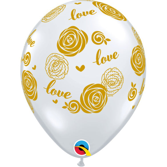 Globos de látex Transparentes love con rosas doradas 30 cm. Pack 10 u