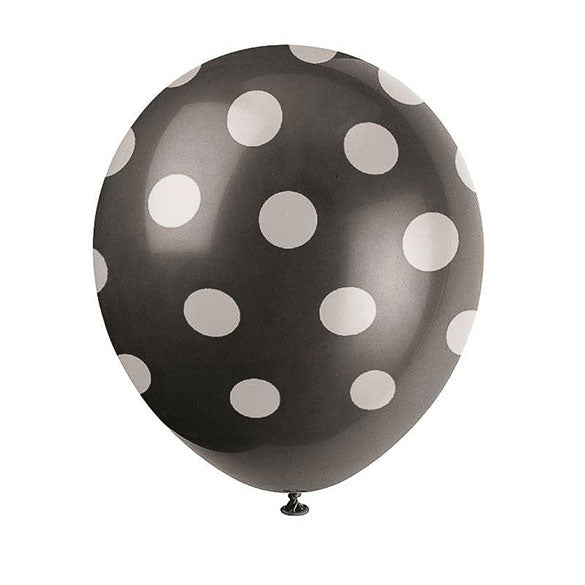 Globos de látex negros con lunares Blancos. Pack 6 u.