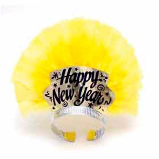 Tiara Happy New Year cartón con plumas amarillas