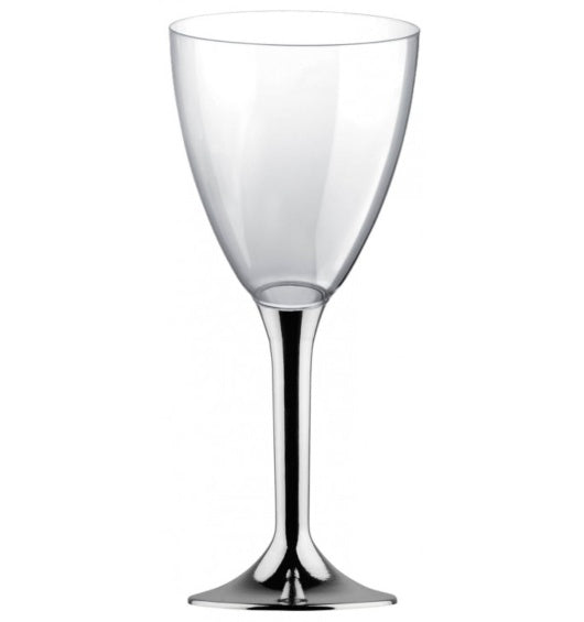 Copas vino o agua plástico reutilizables transparente base plata, Pack 10 u.