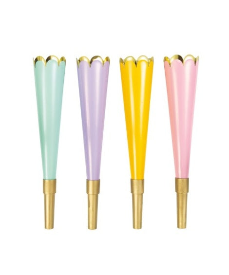 Trompetillas metalizadas colores borde festoneado, Pack 4 u.