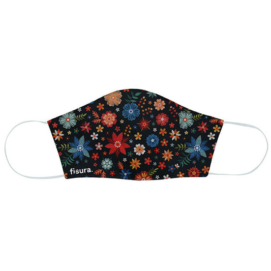 Mascarilla higiénica reutilizable diseño negra flores bordadas