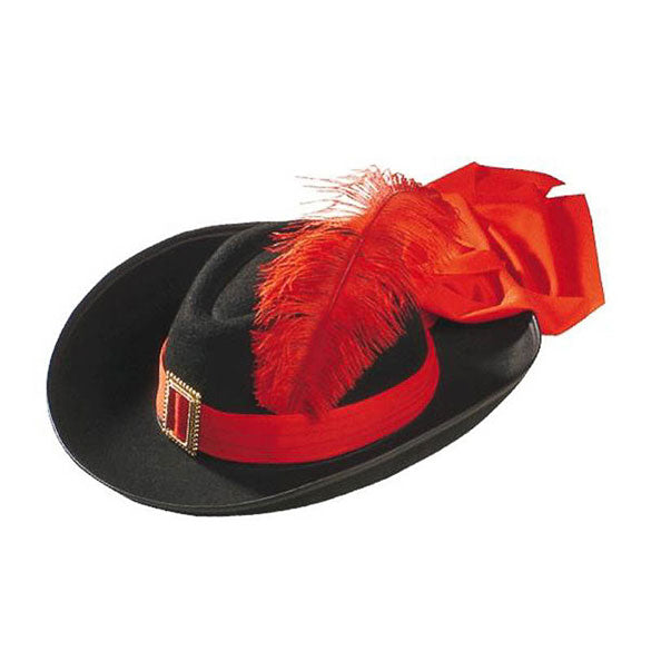 Sombrero mosquetero de fieltro con pluma roja